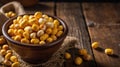 Roasted Corn Kernels in Rustic Bowl on Wooden Table Background Royalty Free Stock Photo