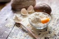 Bowl of flour with egg and bread Royalty Free Stock Photo