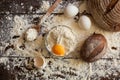 Bowl of flour with eggs and bread Royalty Free Stock Photo
