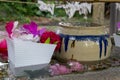 Bowl and flowers at traditional washing basin at shrine, Kanazawa, Japan