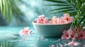 A bowl of flowers and water on a table with rocks, AI Royalty Free Stock Photo