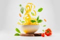 Bowl with flying noodles, tomatoes, basil leaves and spices on light neutral background