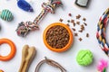 Bowl with food for cat or dog and accessories on white background. Royalty Free Stock Photo