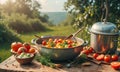 A bowl of food is on a table with a spoon and a wooden bowl. The bowl is filled with tomatoes and greens, and the table Royalty Free Stock Photo