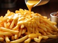 A bowl of French fries is poured with homemade cheese sauce. Generated by AI