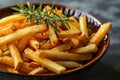 a bowl of french fries with rosemary sprigs