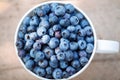 A bowl with fresh bilberry (Vaccinium myrtillus) on an old wooden bench. Fresh garden blueberries.top view Royalty Free Stock Photo