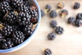 Bowl of fresh blackberries on wooden background. Top view. Summer berries on the table Royalty Free Stock Photo