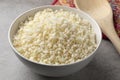 Bowl with fresh cut cauliflower rice close up Royalty Free Stock Photo