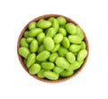 Bowl with fresh edamame soybeans on white background, top view Royalty Free Stock Photo