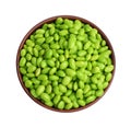 Bowl with fresh edamame soybeans on white background, top view Royalty Free Stock Photo