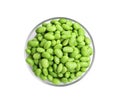 Bowl with fresh edamame soybeans on white background, top view Royalty Free Stock Photo