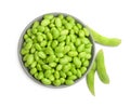 Bowl with fresh edamame soybeans on white background, top view Royalty Free Stock Photo