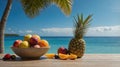 Exotic Fruit Bowl Delight: Tropical Flavors on a Sunny Beach Getaway Royalty Free Stock Photo