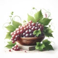 Bowl of fresh grapes with green leaves on white wooden table Royalty Free Stock Photo