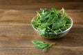 Bowl with Fresh Green Arugula and Spinach on Wooden Background Mix with Spinach Rucola Copy Space Healthy Food Royalty Free Stock Photo