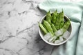 Bowl with fresh green beans, water and ice cubes Royalty Free Stock Photo