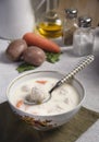 A bowl with fresh home made creamy soup with chiken meat bowls Royalty Free Stock Photo