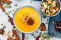 Bowl with fresh homemade carrot pumpkin soup