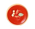 Bowl with fresh homemade tomato soup on white, top view Royalty Free Stock Photo