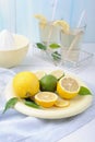 Bowl with fresh lime and lemons, squeezer and glasses of lemonade