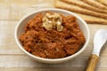 Bowl with fresh made muhammara close up Royalty Free Stock Photo