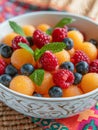 Bowl of fresh melon balls, raspberries, and blueberries. Royalty Free Stock Photo