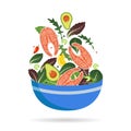 Bowl of fresh mix of salad leaves, vegetables and salmon. Arugula, lemon, avocado and peppers. Vector illustration. Royalty Free Stock Photo