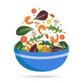 Bowl of fresh mix of salad leaves, vegetables and shrimp. Arugula, tomatoes, paprika, peppers and mushrooms. Vector Royalty Free Stock Photo