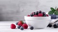 Bowl of fresh mixed berries and yogurt with farm fresh blueberries served on a wooden table, generative ai Royalty Free Stock Photo