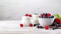 Bowl of fresh mixed berries and yogurt with farm fresh blueberries served on a wooden table, generative ai Royalty Free Stock Photo