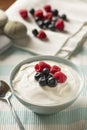 Bowl of Fresh Mixed Berries and Yogurt Served on a Light Blue and White Cloth Royalty Free Stock Photo