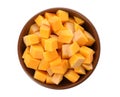 Bowl with fresh raw pumpkin pieces isolated