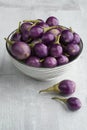 Bowl with fresh raw purple mini eggplants