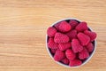 Bowl of fresh red raspberries for dessert, round white ceramic bowl, light wood background