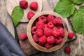 Bowl with fresh ripe raspberries and green leaves on wooden table, flat lay Royalty Free Stock Photo