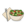 Bowl of Fresh Salad with Tomato Cucumber and Onion with Fork and Napkin Royalty Free Stock Photo