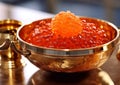 Bowl with fresh salmon trout red caviar on steel table.Macro.Ai Generative