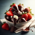 A bowl of fresh strawberries with chocolate and cream, on a cloth with a spoon and chocolate pieces. Royalty Free Stock Photo