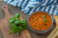 A bowl of fresh tomato soup in white ceramic bowl, garnished with basil, croutons, seasoning and a drizzle of olive oil Royalty Free Stock Photo