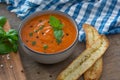 A bowl of fresh tomato soup in white ceramic bowl, garnished with basil, croutons, seasoning and a drizzle of olive oil Royalty Free Stock Photo