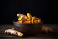 Bowl fresh turmeric roots bowl. Generate Ai Royalty Free Stock Photo
