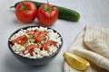 Bowl of fresh vegetable salad on white wooden table Royalty Free Stock Photo