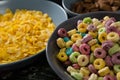 Bowl of froot loops and cornflakes Royalty Free Stock Photo