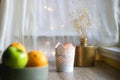 Bowl of Fruit, Candle and Flowers