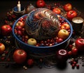 A bowl of fruit and candles, AI Royalty Free Stock Photo