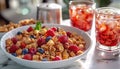 A bowl of fruit and nuts breakfast cereal, blueberries in the front with red berries on top Royalty Free Stock Photo