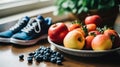 A bowl of fruit sits on a table next to a pair of sneakers. Concept of healthy lifestyle Royalty Free Stock Photo