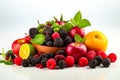 Bowl of fruit with variety of berries, apples, oranges, and raspberries. Generative AI