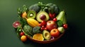 Bowl of fruits and vegetables on green background